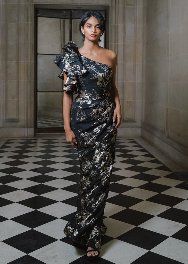 Anne Barge Raphael Jacquard One Shoulder Gown