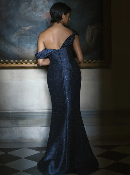 Anne Barge Dunton Sequined Tweed Asymmetric Evening Gown