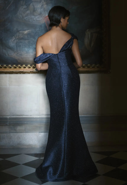 Anne Barge Dunton Sequined Tweed Asymmetric Evening Gown