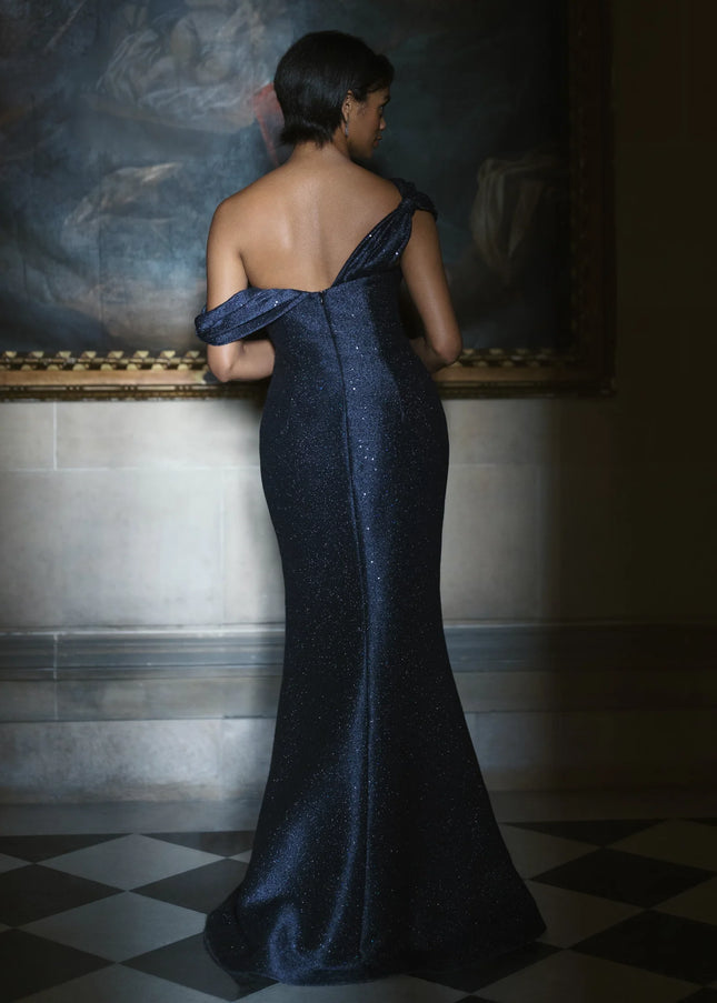 Anne Barge Dunton Sequined Tweed Asymmetric Evening Gown