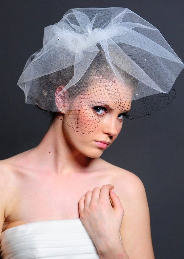 Antoinette Black and White Netting and Tulle "Hat" Cage Veil