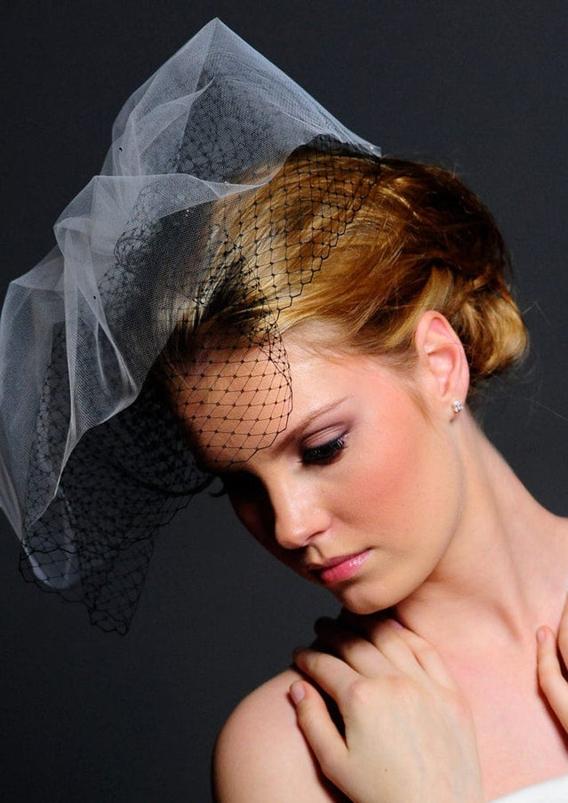 Antoinette Black and White Netting and Tulle "Hat" Cage Veil