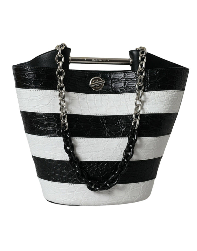 Balenciaga Black White Crocodile Leather Maxi Bucket Bag - Ellie Belle