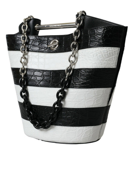 Balenciaga Black White Crocodile Leather Maxi Bucket Bag - Ellie Belle