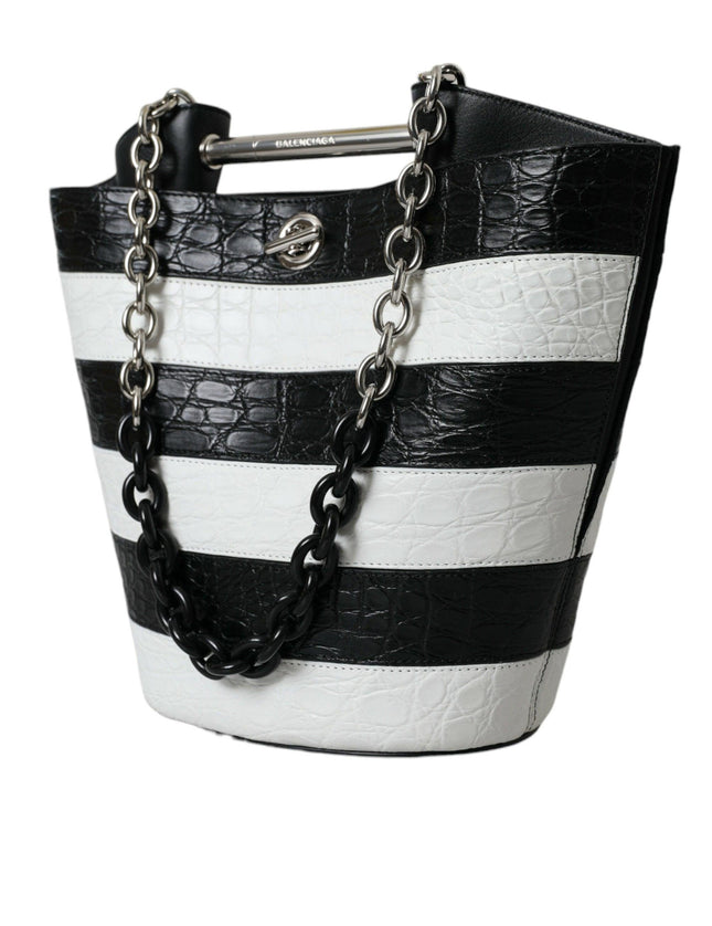 Balenciaga Black White Crocodile Leather Maxi Bucket Bag - Ellie Belle