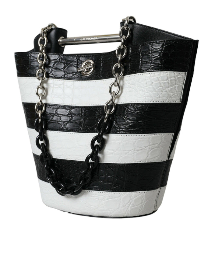 Balenciaga Black White Crocodile Leather Maxi Bucket Bag - Ellie Belle