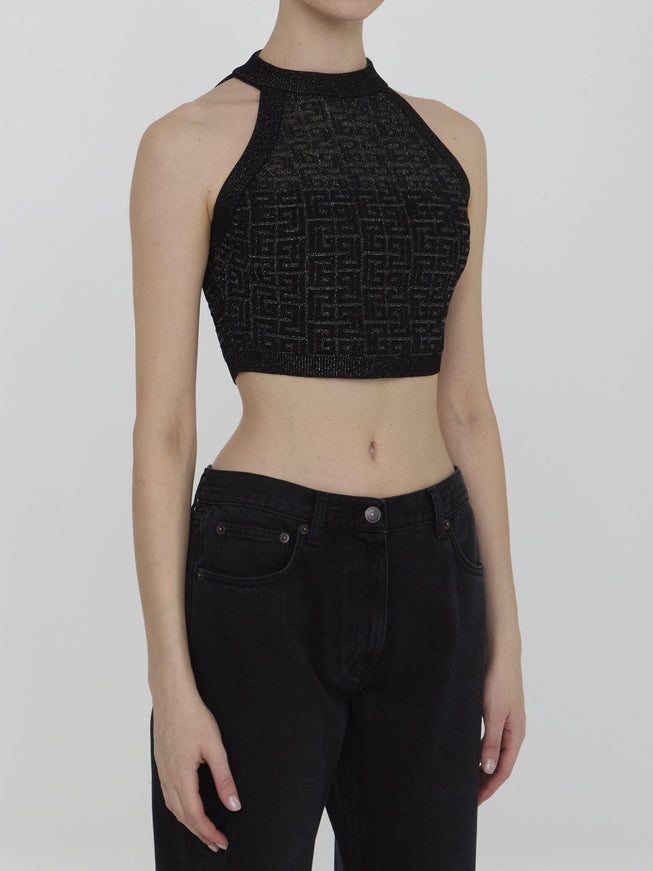 Balmain PB Labyrinth Knit Crop Top In Black