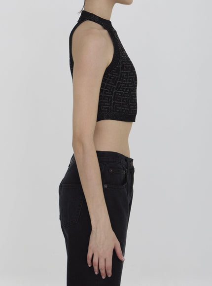 Balmain PB Labyrinth Knit Crop Top In Black - Ellie Belle