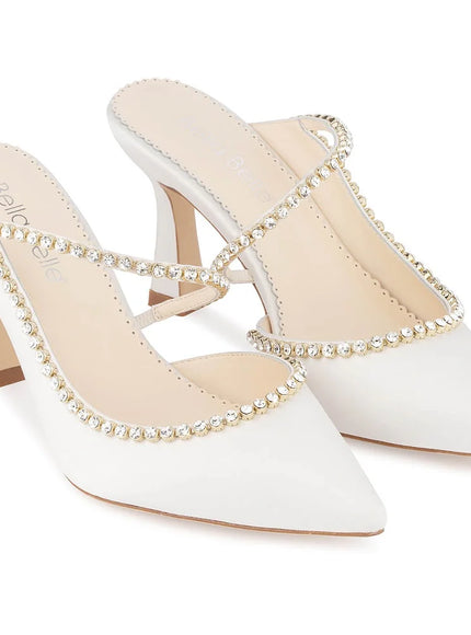 Bella Belle White high-heeled shoes with embellishments on a white background