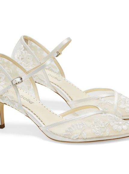Bella Belle Candice Ivory Lace Ankle Strap Kitten Heels