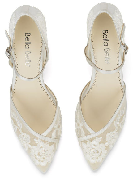 Bella Belle Candice Ivory Lace Ankle Strap Kitten Heels