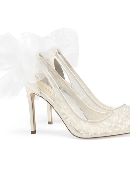 Bella Belle Edna Ivory Lace Heels with Removable Bows and Ankle Straps