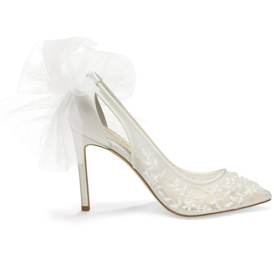 Bella Belle Edna Ivory Lace Heels with Removable Bows and Ankle Straps