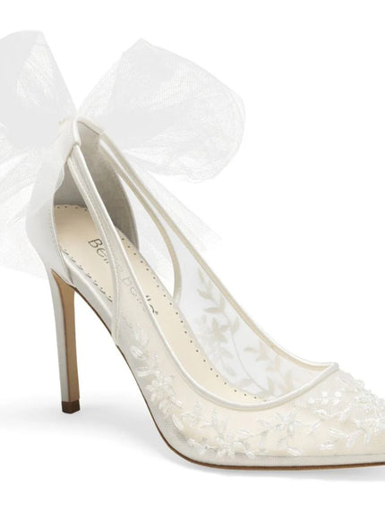 Bella Belle Edna Ivory Lace Heels with Removable Bows and Ankle Straps