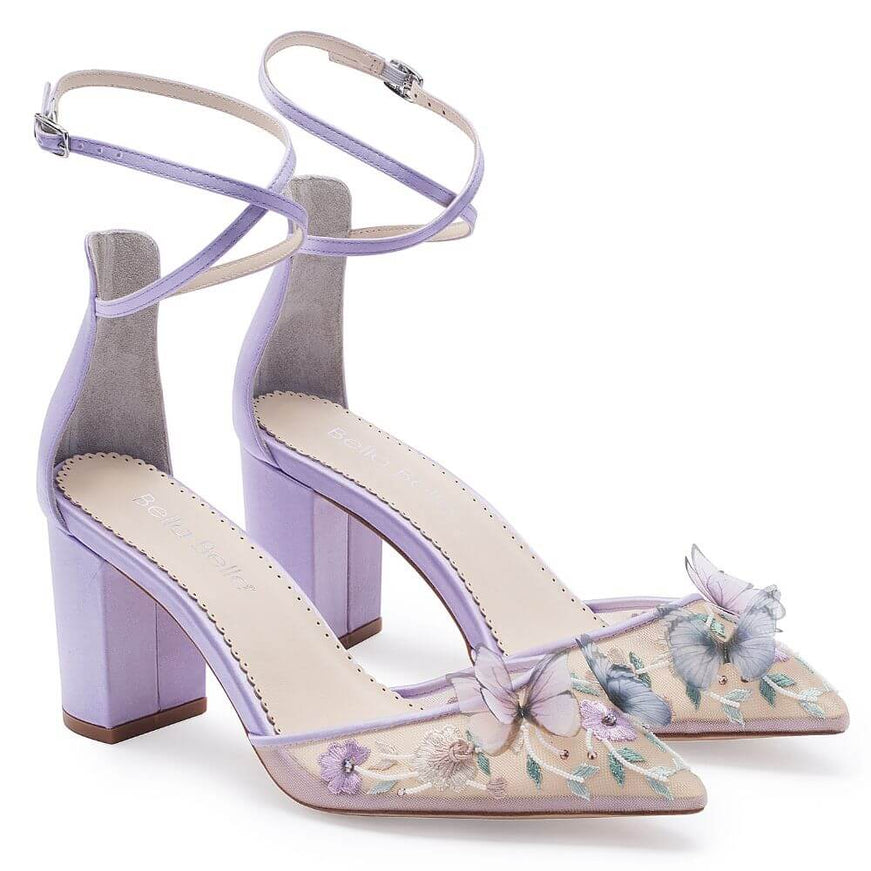 Bella Belle Eliza Lavender Butterfly Block Heels