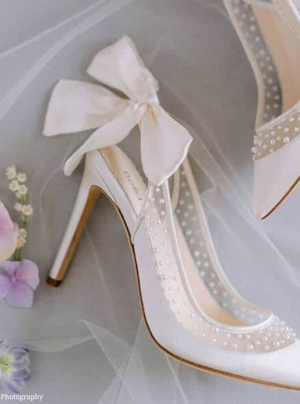 Bella Belle Gabrielle Ivory Pearl Silk Bow Slingback Heels