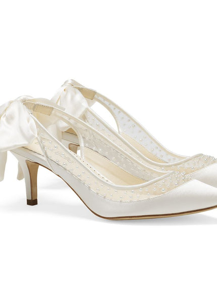 Bella Belle Georgia Ivory Pearl Silk Bow Slingback Kitten Heels