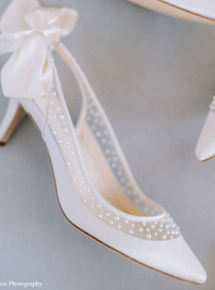 Bella Belle Georgia Ivory Pearl Silk Bow Slingback Kitten Heels