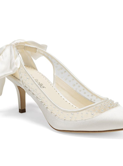Bella Belle Georgia Ivory Pearl Silk Bow Slingback Kitten Heels