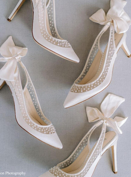 Bella Belle Georgia Ivory Pearl Silk Bow Slingback Kitten Heels