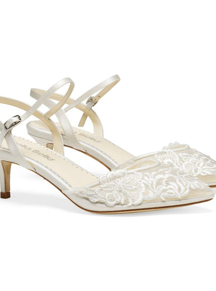 Bella Belle Mina Ivory Floral Lace Pearl Ankle Strap Low Heels