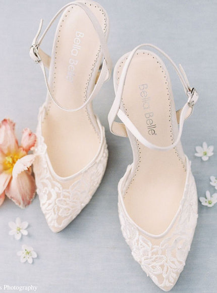 Bella Belle Mina Ivory Floral Lace Pearl Ankle Strap Low Heels