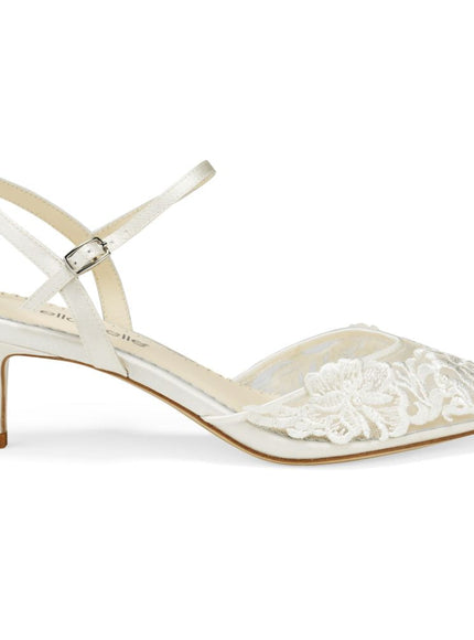 Bella Belle Mina Ivory Floral Lace Pearl Ankle Strap Low Heels