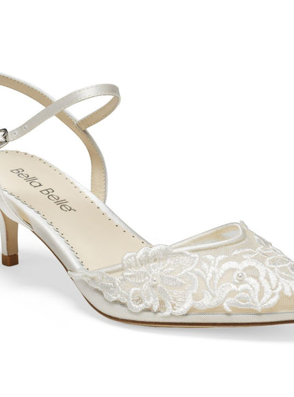 Bella Belle Mina Ivory Floral Lace Pearl Ankle Strap Low Heels
