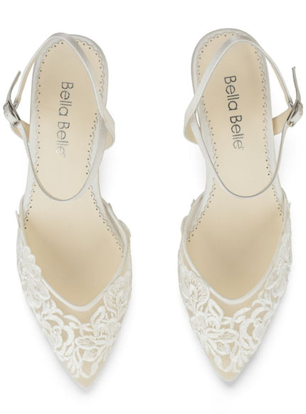 Bella Belle Mina Ivory Floral Lace Pearl Ankle Strap Low Heels