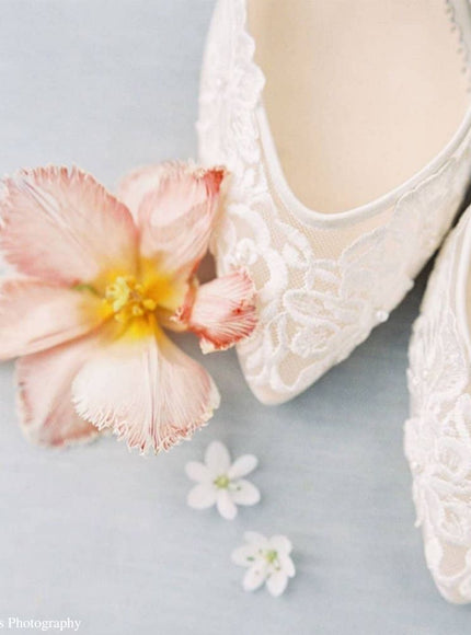 Bella Belle Mina Ivory Floral Lace Pearl Ankle Strap Low Heels