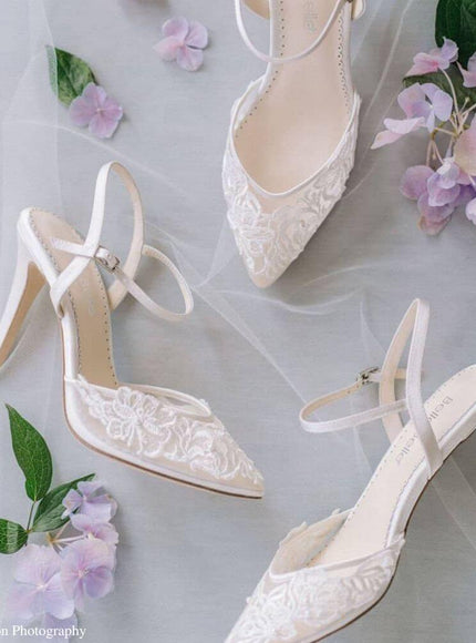 Bella Belle Mina Ivory Floral Lace Pearl Ankle Strap Low Heels