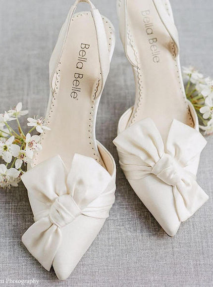 Bella Belle Reese Ivory Silk Bow Pointed Toe Slingback Heels