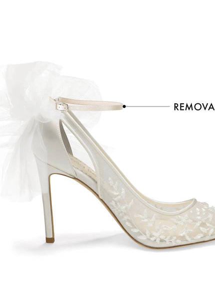 Bella Belle Edna Ivory Lace Heels with Removable Bows and Ankle Straps