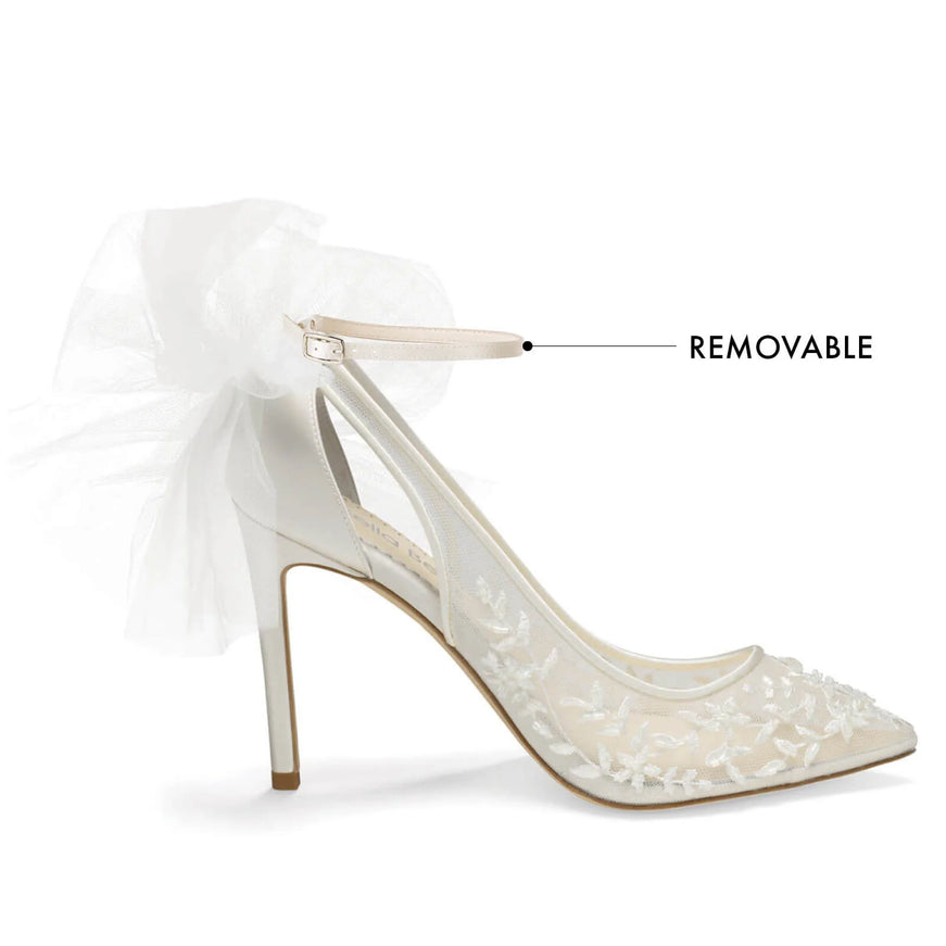 Bella Belle Edna Ivory Lace Heels with Removable Bows and Ankle Straps