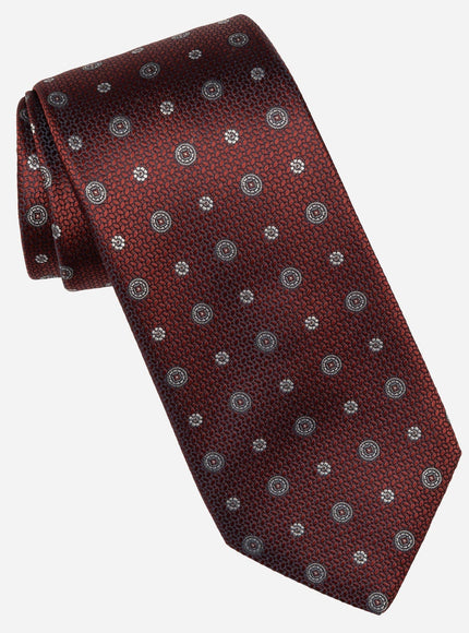 Elizabetta Benelli Silk Jacquard Tie in Burgundy, styled view