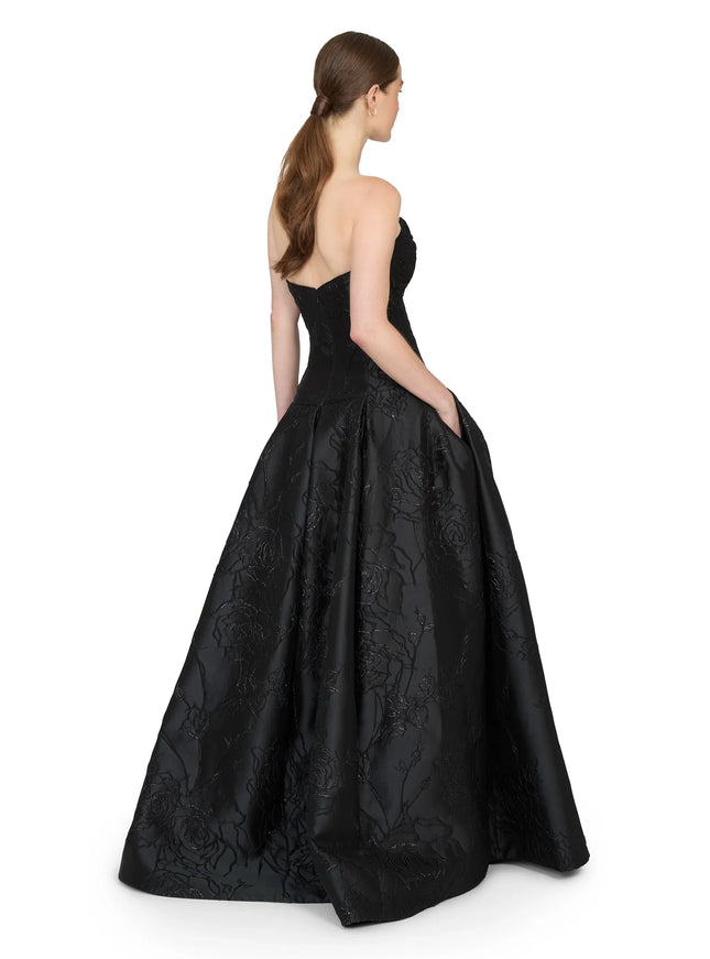 Anne Barge Letizia Camellia Vine Jacquard Strapless Ballgown