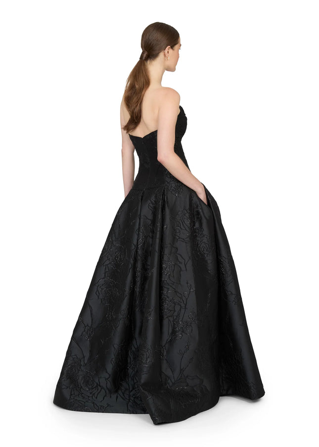 Anne Barge Letizia Camellia Vine Jacquard Strapless Ballgown