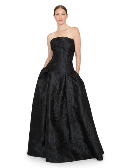 Anne Barge Letizia Camellia Vine Jacquard Strapless Ballgown