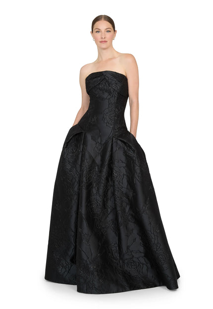 Anne Barge Letizia Camellia Vine Jacquard Strapless Ballgown