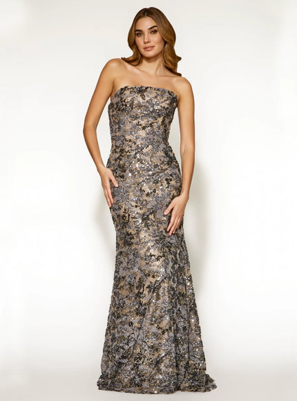 Anne Barge Lenox Beaded Lace Strapless Column Gown