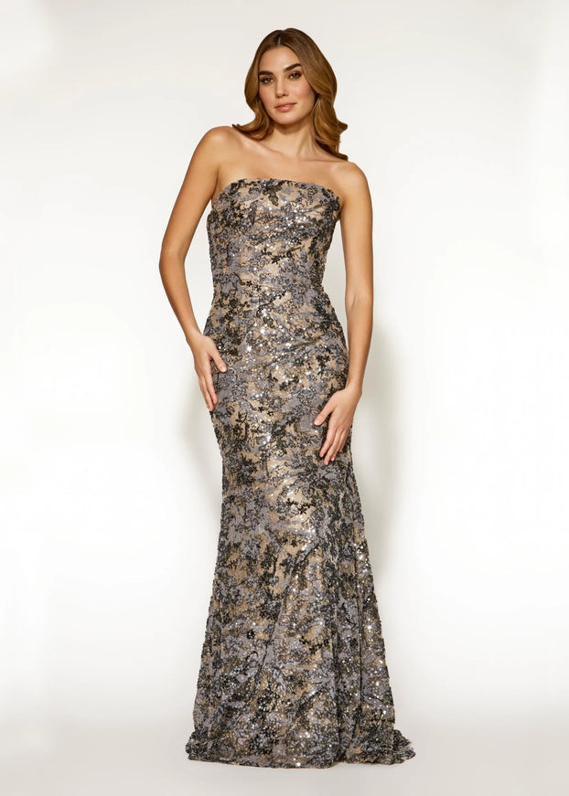 Anne Barge Lenox Beaded Lace Strapless Column Gown