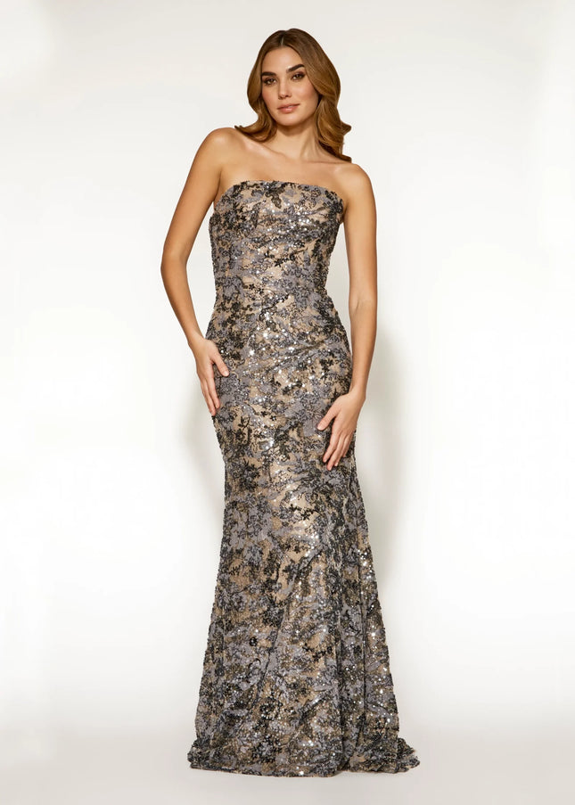 Anne Barge Lenox Beaded Lace Strapless Column Gown