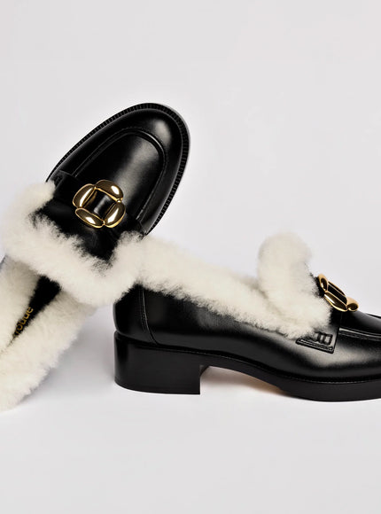 Larroude Bobbie Loafer In Black Leather and Natural Shearling