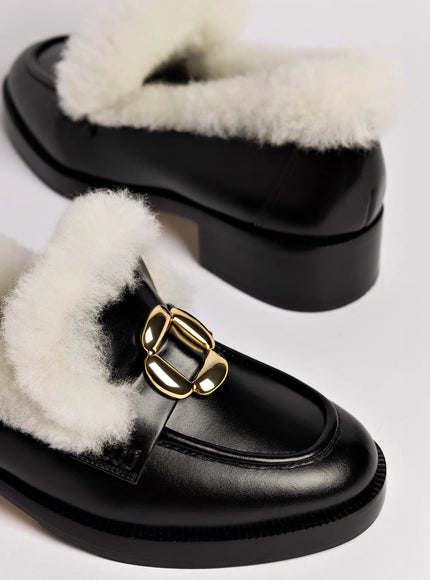 Larroude Bobbie Loafer In Black Leather and Natural Shearling