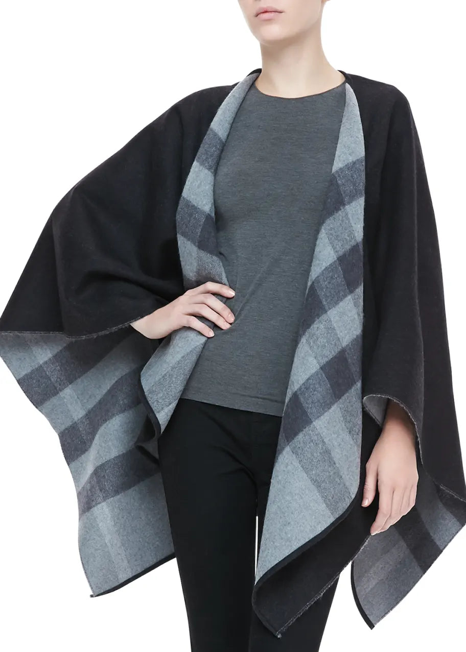 Burberry Charlotte Wool Reversible Poncho Cape One Size Black