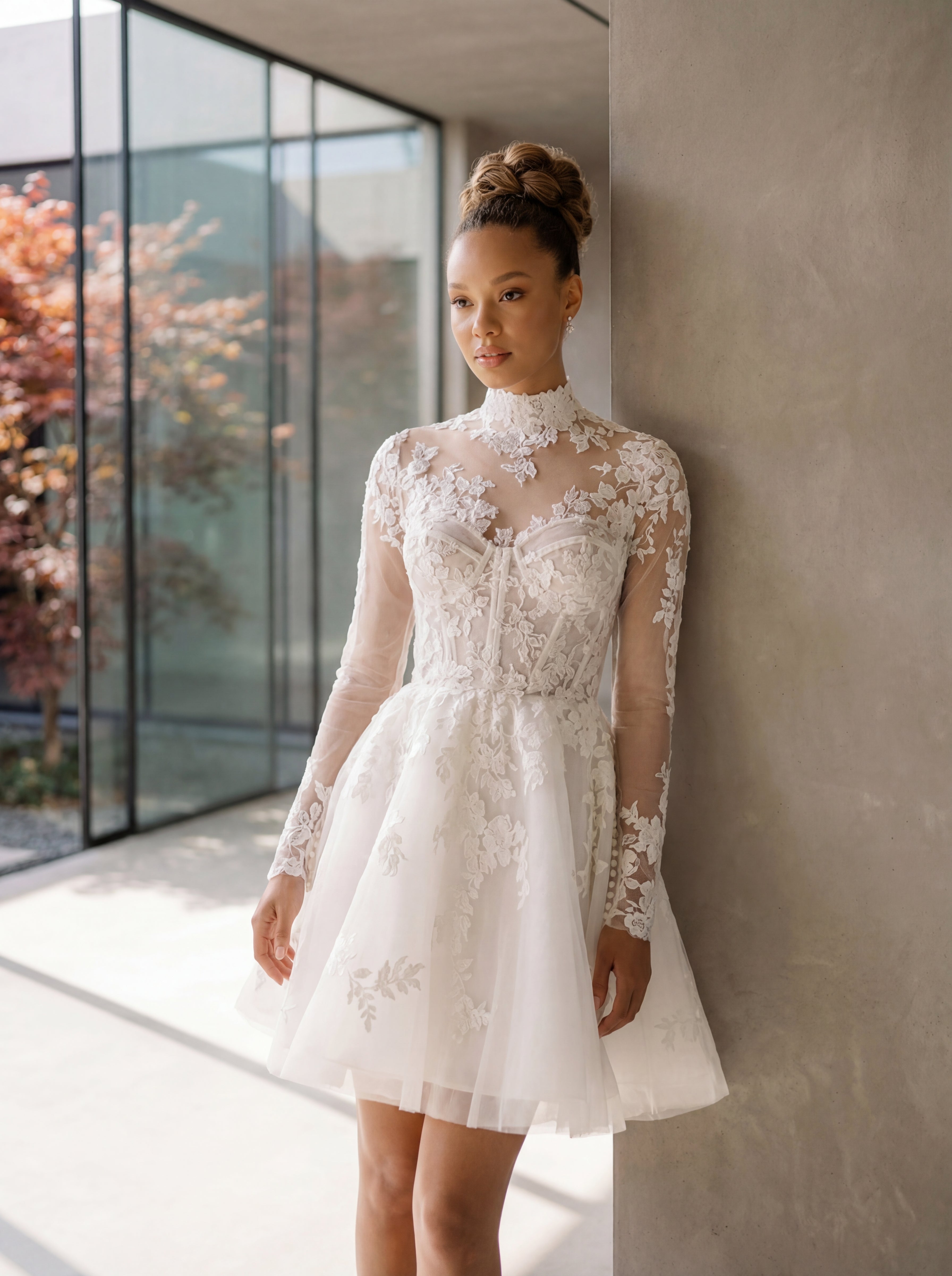 long sleeve bridal mini dress Exquisite Beauty: Long Sleeve Sparkle Mini Bridal Dress with Unique Sk HAREM's Brides