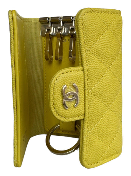 Chanel Caviar Quilted Classic 4 Key Holder Wallet Yellow - Ellie Belle