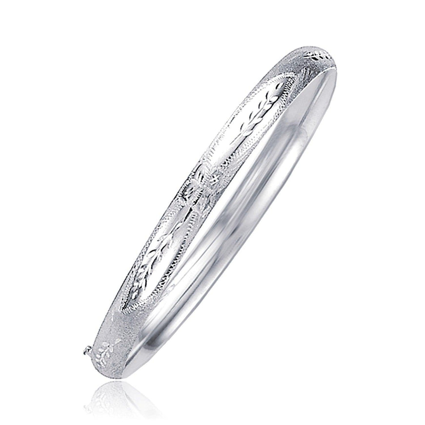 Classic Floral Carved Bangle in 14k White Gold (5.0mm) - Ellie Belle