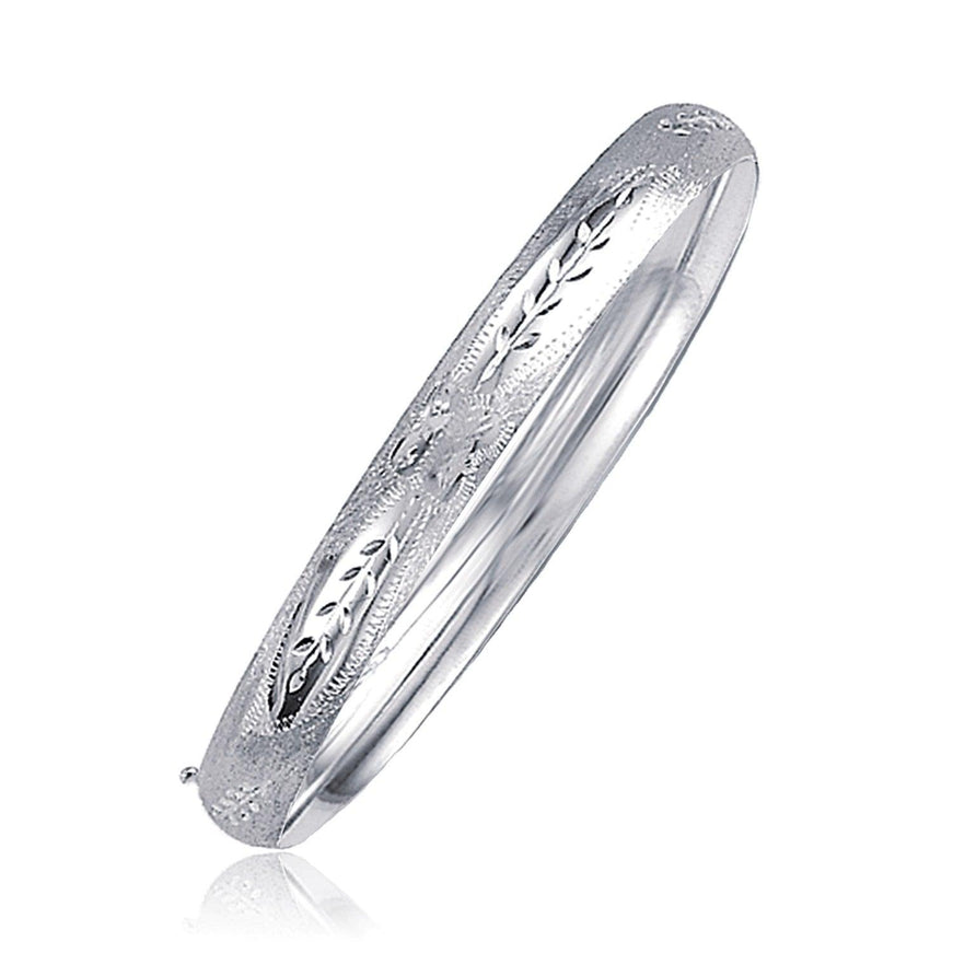 Classic Floral Carved Bangle in 14k White Gold (6.0mm) - Ellie Belle