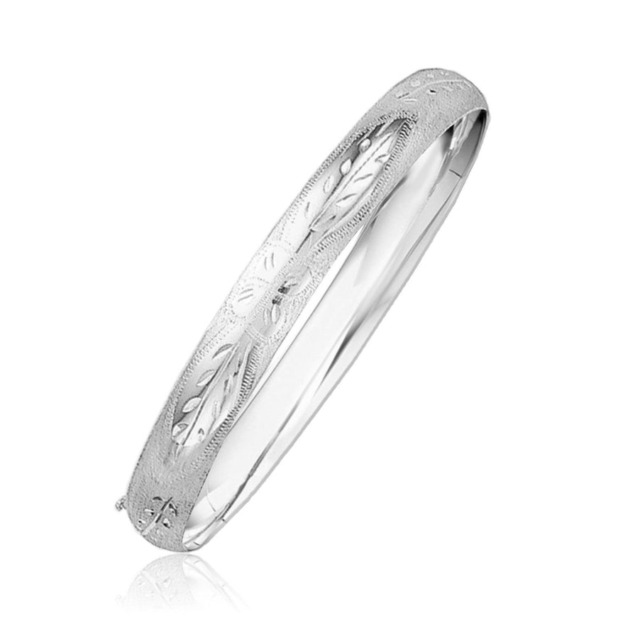 Classic Floral Carved Bangle in 14k White Gold (8.0mm) - Ellie Belle